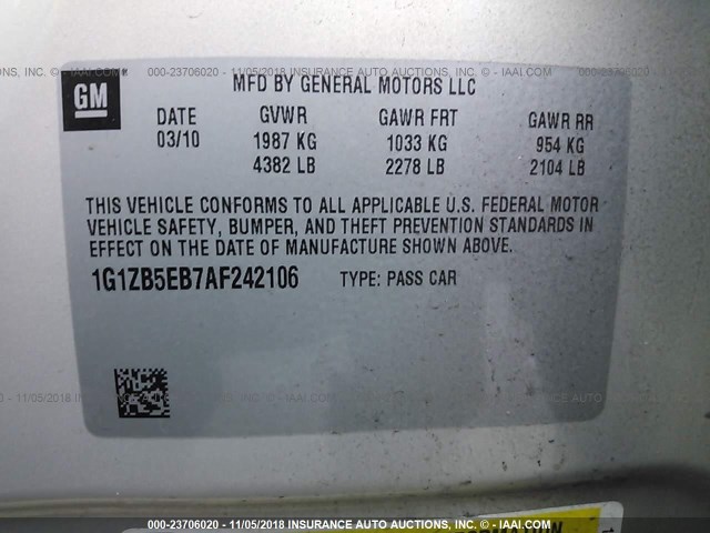 1G1ZB5EB7AF242106 - 2010 CHEVROLET MALIBU LS 金色 照片 9