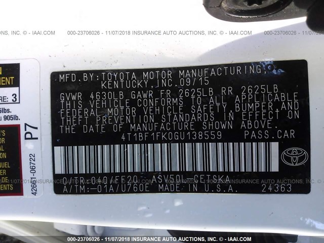 4T1BF1FK0GU138559 - 2016 TOYOTA CAMRY LE/XLE/SE/XSE 白色 照片 9