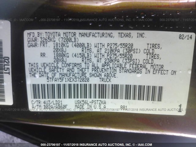 5TFAY5F1XEX372020 - 2014 TOYOTA TUNDRA CREWMAX PLATINUM Braun Foto 9