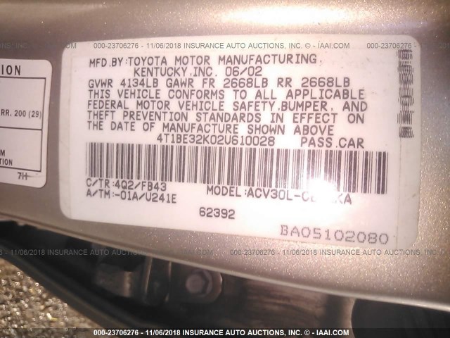 4T1BE32K02U610028 - 2002 TOYOTA CAMRY LE/XLE/SE TAN photo 9