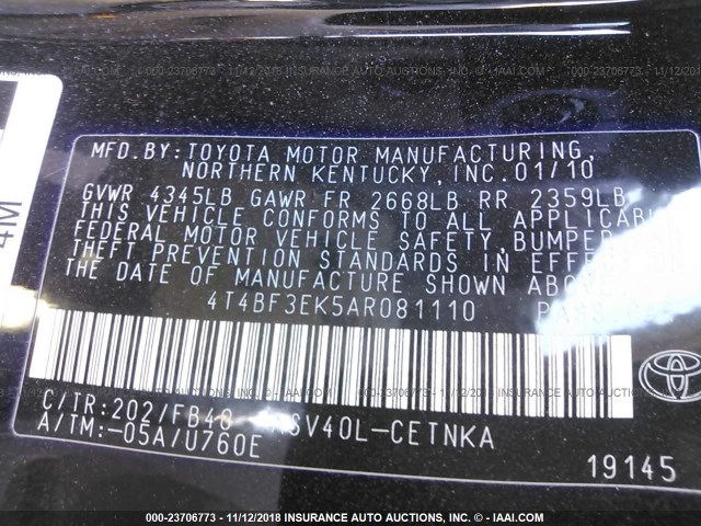 4T4BF3EK5AR081110 - 2010 TOYOTA CAMRY SE/LE/XLE BLACK photo 9