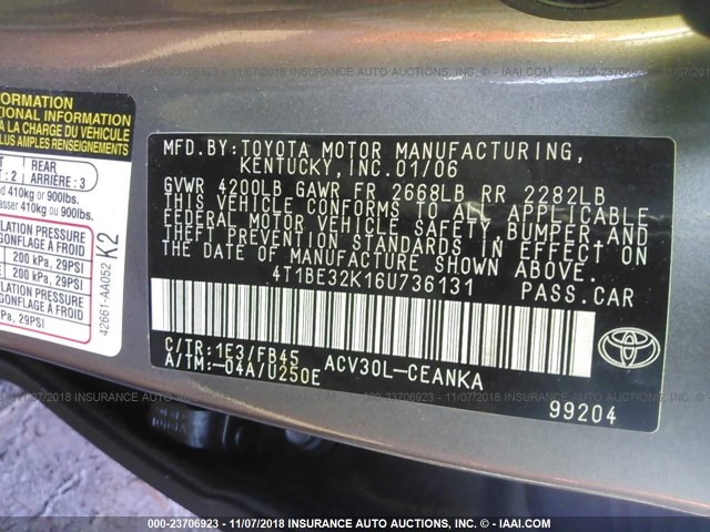4T1BE32K16U736131 - 2006 TOYOTA CAMRY LE/XLE/SE GRAY photo 9