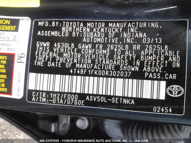 4T4BF1FK0DR302037 - 2013 TOYOTA CAMRY L/SE/LE/XLE Qara foto 9