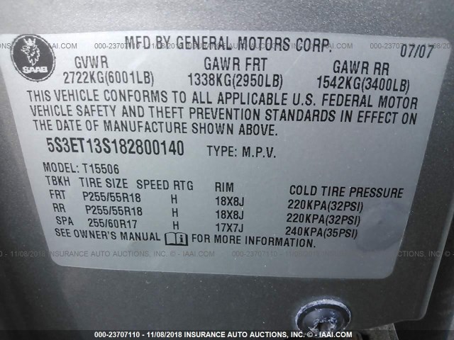 5S3ET13S182800140 - 2008 SAAB 9-7X 4.2I GRAY photo 9