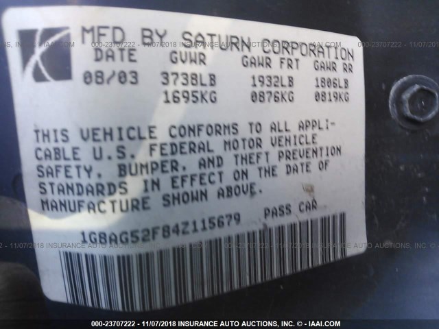 1G8AG52F84Z115679 - 2004 SATURN ION LEVEL 1 SILVER photo 9