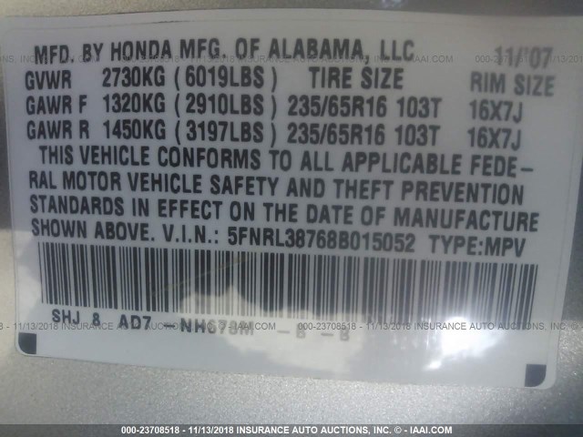 5FNRL38768B015052 - 2008 HONDA ODYSSEY EXL SILVER photo 9