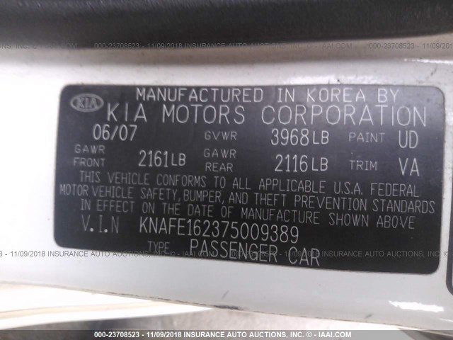 KNAFE162375009389 - 2007 KIA SPECTRA5 SX WHITE photo 9