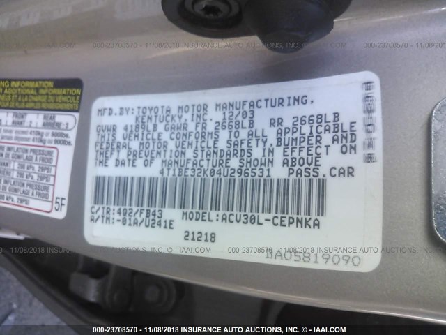 4T1BE32K04U296531 - 2004 TOYOTA CAMRY LE/XLE/SE GOLD photo 9