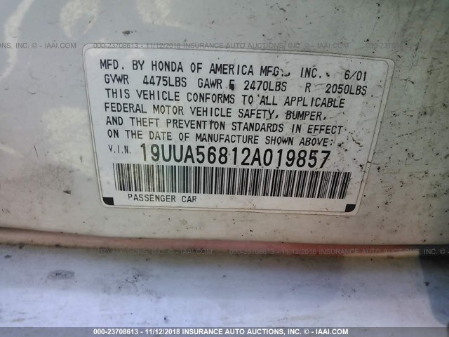 19UUA56812A019857 - 2002 ACURA 3.2TL TYPE-S WHITE photo 9