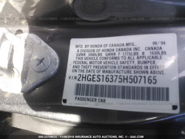 2HGES16375H507165 - 2005 HONDA CIVIC DX VP Boz foto 9