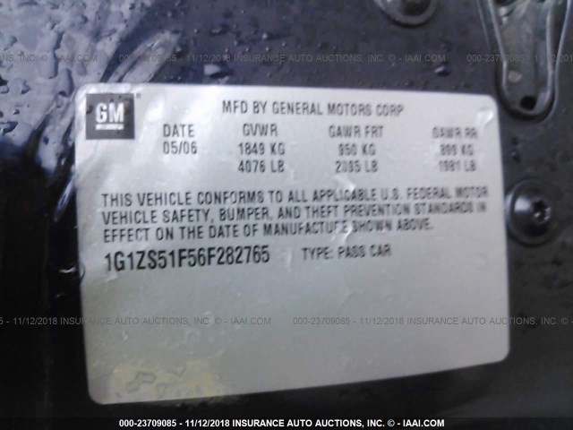 1G1ZS51F56F282765 - 2006 CHEVROLET MALIBU LS ლურჯი ფოტო 9