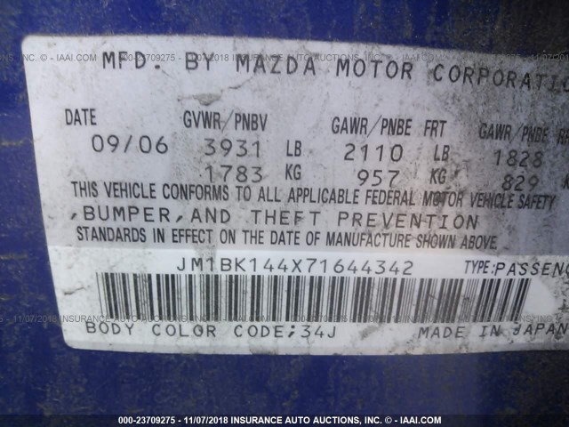 JM1BK144X71644342 - 2007 MAZDA 3 HATCHBACK BLUE photo 9