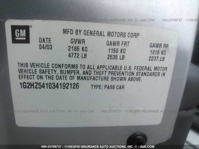 1G2HZ541034192126 - 2003 PONTIAC BONNEVILLE SSEI SILVER photo 9