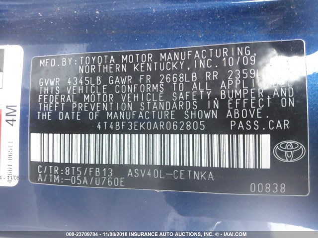 4T4BF3EK0AR062805 - 2010 TOYOTA CAMRY SE/LE/XLE BLUE photo 9