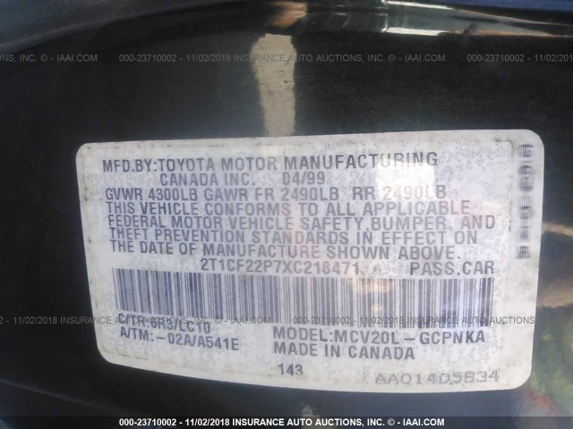 2T1CF22P7XC218471 - 1999 TOYOTA CAMRY SOLARA SE/SLE მწვანე ფოტო 9