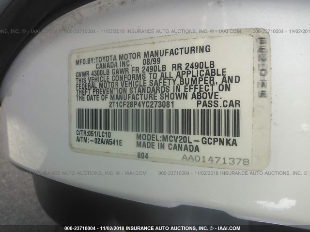 2T1CF28P4YC273081 - 2000 TOYOTA CAMRY SOLARA SE/SLE WHITE photo 9