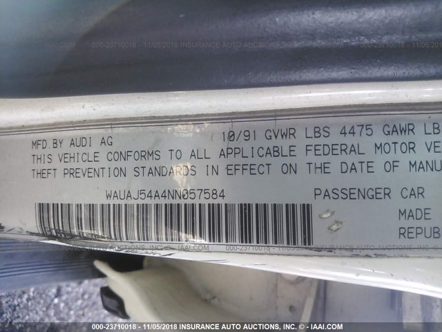 WAUAJ54A4NN057584 - 1992 AUDI 100 WHITE photo 9