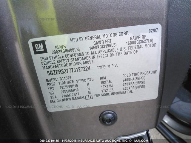 5GZER33777J127224 - 2007 SATURN OUTLOOK SPECIAL ფერფლისფერი ფოტო 9