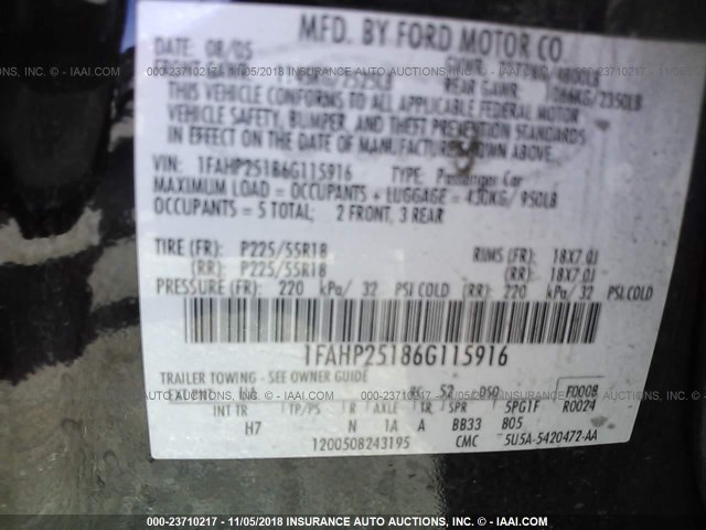 1FAHP25186G115916 - 2006 FORD FIVE HUNDRED LIMITED BLACK photo 9