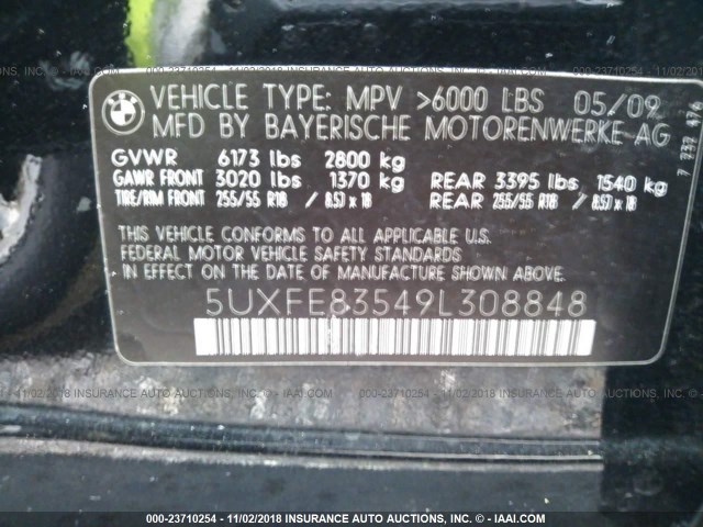 5UXFE83549L308848 - 2009 BMW X5 XDRIVE48I Noir photo 9