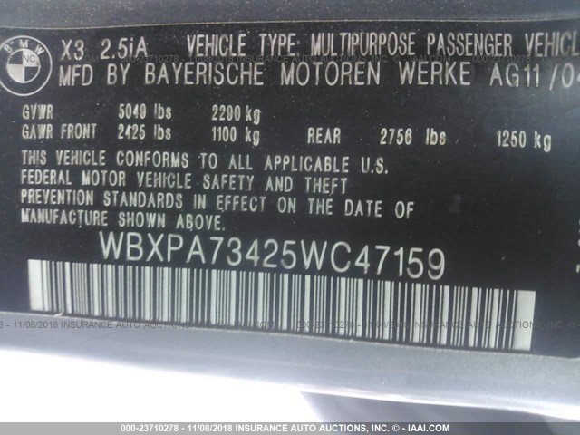 WBXPA73425WC47159 - 2005 BMW X3 2.5I GRAY photo 9