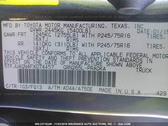 5TFJU4GN4FX074457 - 2015 TOYOTA TACOMA DOUBLE CAB PRERUNNER GRAY photo 9