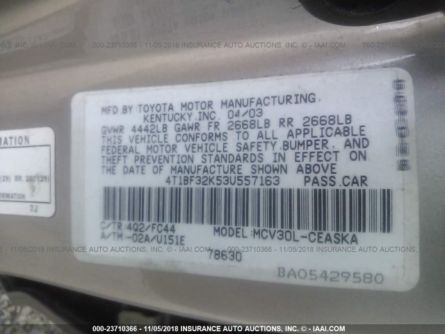 4T1BF32K53U557163 - 2003 TOYOTA CAMRY LE/XLE/SE TAN photo 9