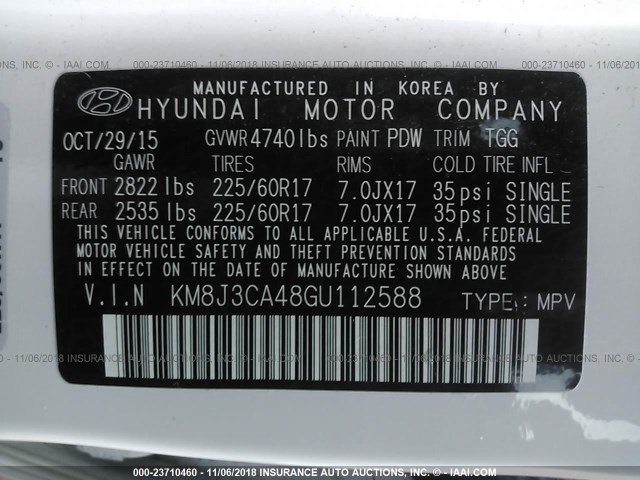 KM8J3CA48GU112588 - 2016 HYUNDAI TUCSON WHITE photo 9