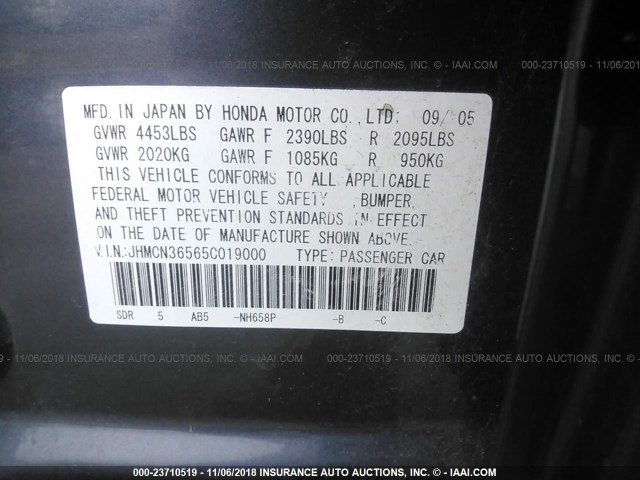 JHMCN36565C019000 - 2005 HONDA ACCORD HYBRID GRAY photo 9