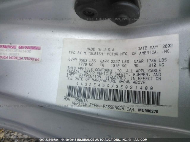 4A3AE45GX3E021400 - 2003 MITSUBISHI ECLIPSE SPYDER GS 银色 照片 9