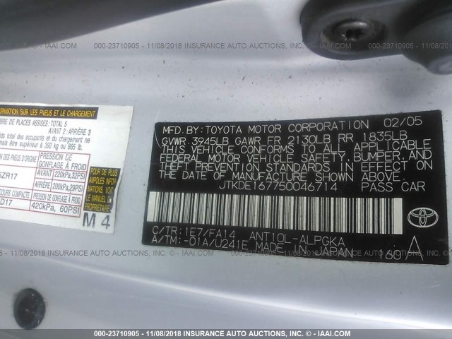 JTKDE167750046714 - 2005 TOYOTA SCION TC ვერცხლისფერი ფოტო 9