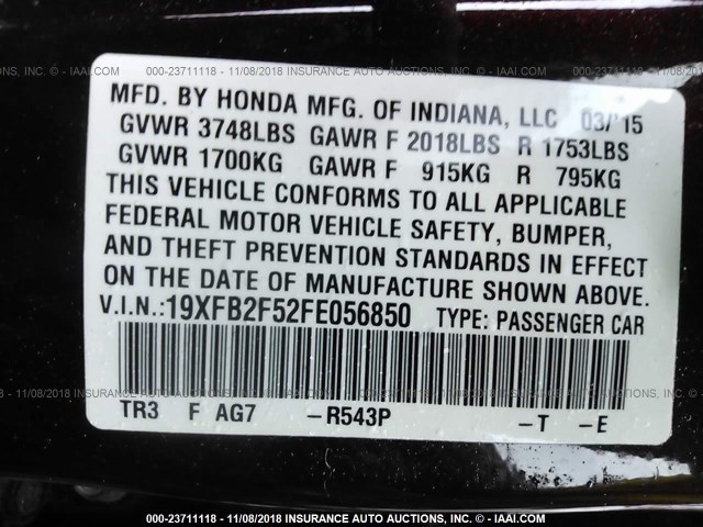 19XFB2F52FE056850 - 2015 HONDA CIVIC LX RED photo 9