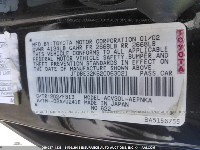 JTDBE32K620063021 - 2002 TOYOTA CAMRY LE/XLE/SE BLACK photo 9