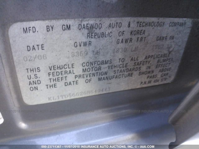 KL1TD56626B649443 - 2006 CHEVROLET AVEO LS GRAY photo 9