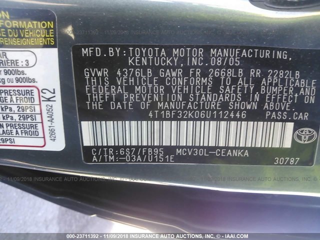 4T1BF32K06U112446 - 2006 TOYOTA CAMRY LE/XLE/SE GREEN photo 9