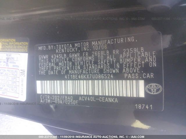 4T1BE46KX7U086524 - 2007 TOYOTA CAMRY NEW GENERAT CE/LE/XLE/SE BLACK photo 9