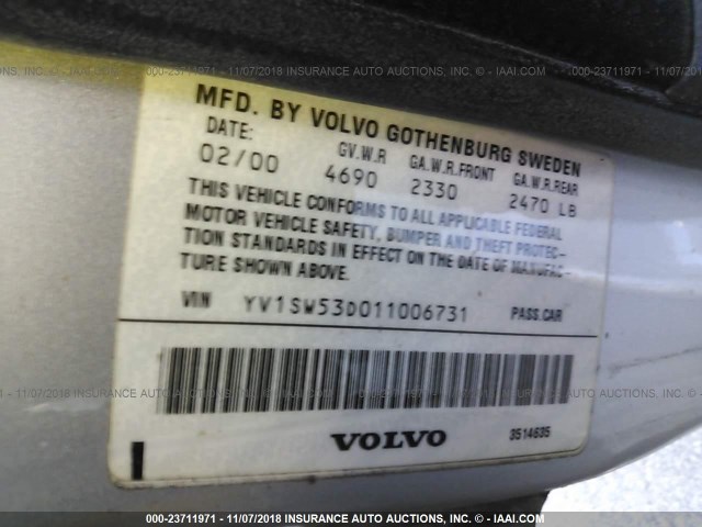 YV1SW53D011006731 - 2001 VOLVO V70 T5 TURBO SILVER photo 9