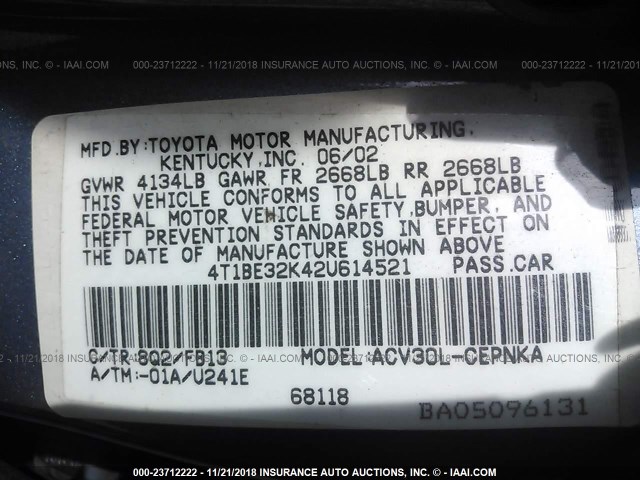 4T1BE32K42U614521 - 2002 TOYOTA CAMRY LE/XLE/SE TURQUOISE photo 9