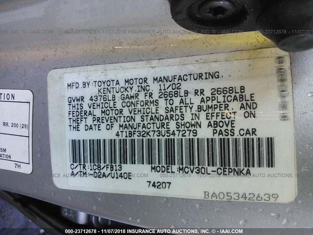 4T1BF32K73U547279 - 2003 TOYOTA CAMRY LE/XLE/SE SILVER photo 9