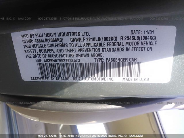 4S3BH675527632573 - 2002 SUBARU LEGACY OUTBACK AWP 绿色 照片 9