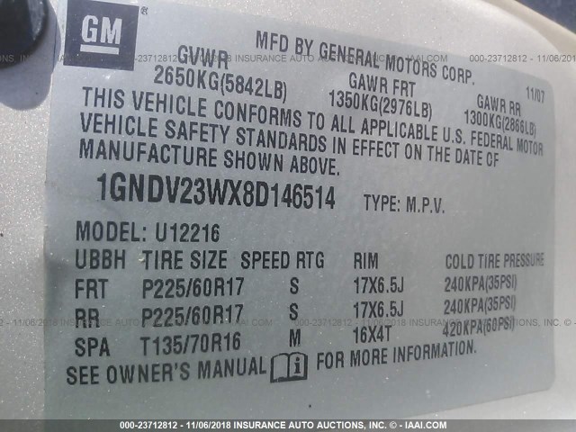 1GNDV23WX8D146514 - 2008 CHEVROLET UPLANDER LS GOLD photo 8