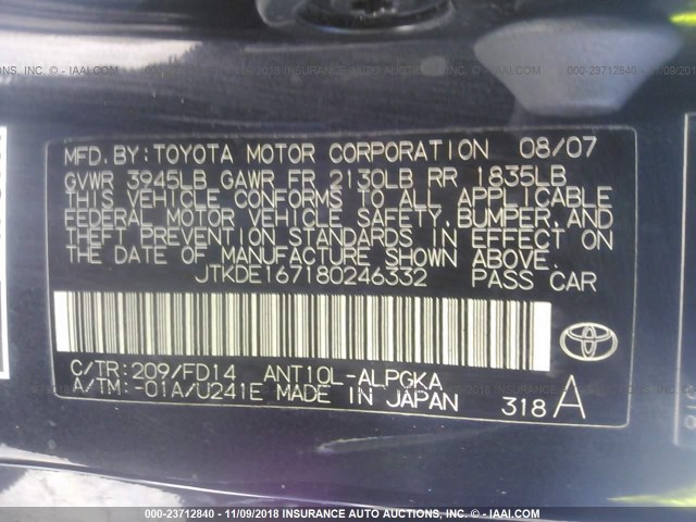 JTKDE167180246332 - 2008 TOYOTA SCION TC 黑色 照片 9