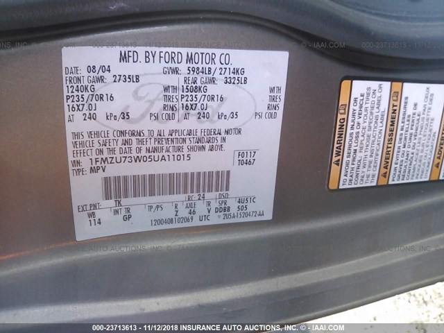 1FMZU73W05UA11015 - 2005 FORD EXPLORER XLT/XLT SPORT/NBX 银色 照片 9