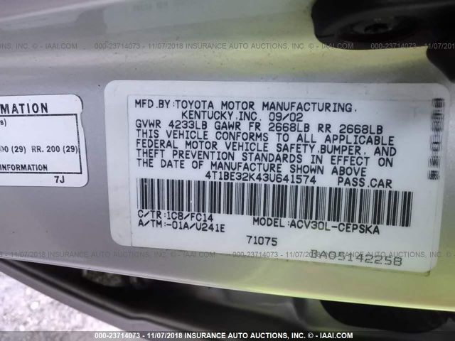 4T1BE32K43U641574 - 2003 TOYOTA CAMRY LE/XLE/SE SILVER photo 9