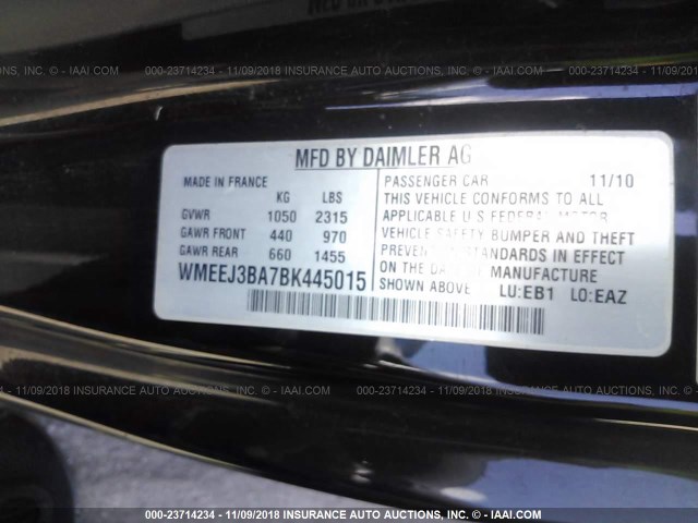 WMEEJ3BA7BK445015 - 2011 SMART FORTWO PURE/PASSION WHITE photo 9