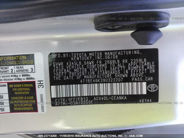 4T1BE46K39U322207 - 2009 TOYOTA CAMRY SE/LE/XLE ვერცხლისფერი ფოტო 9