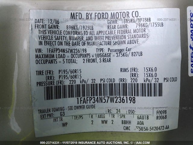 1FAFP34N57W236198 - 2007 FORD FOCUS ZX4/S/SE/SES Қоңыр фото 9