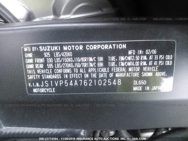 JS1VP54A762102548 - 2006 SUZUKI DL650 K RED photo 10