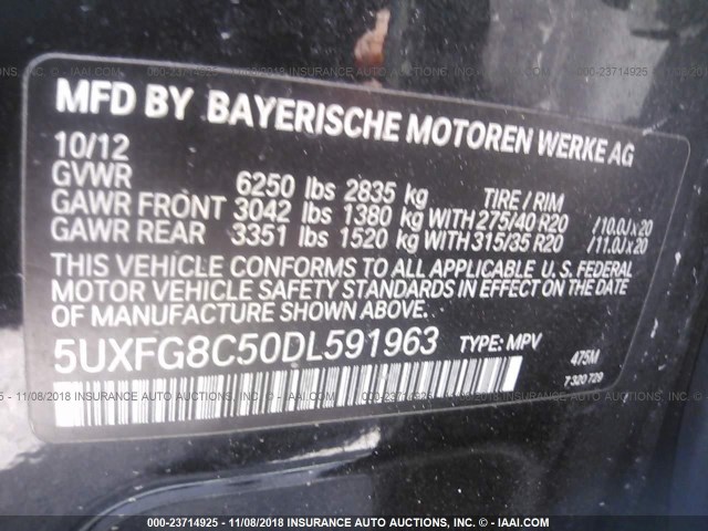 5UXFG8C50DL591963 - 2013 BMW X6 XDRIVE50I BLACK photo 9