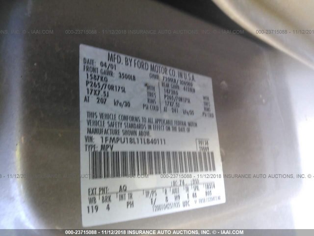 1FMPU18L11LB40111 - 2001 FORD EXPEDITION EDDIE BAUER ოქროსფერი ფოტო 9